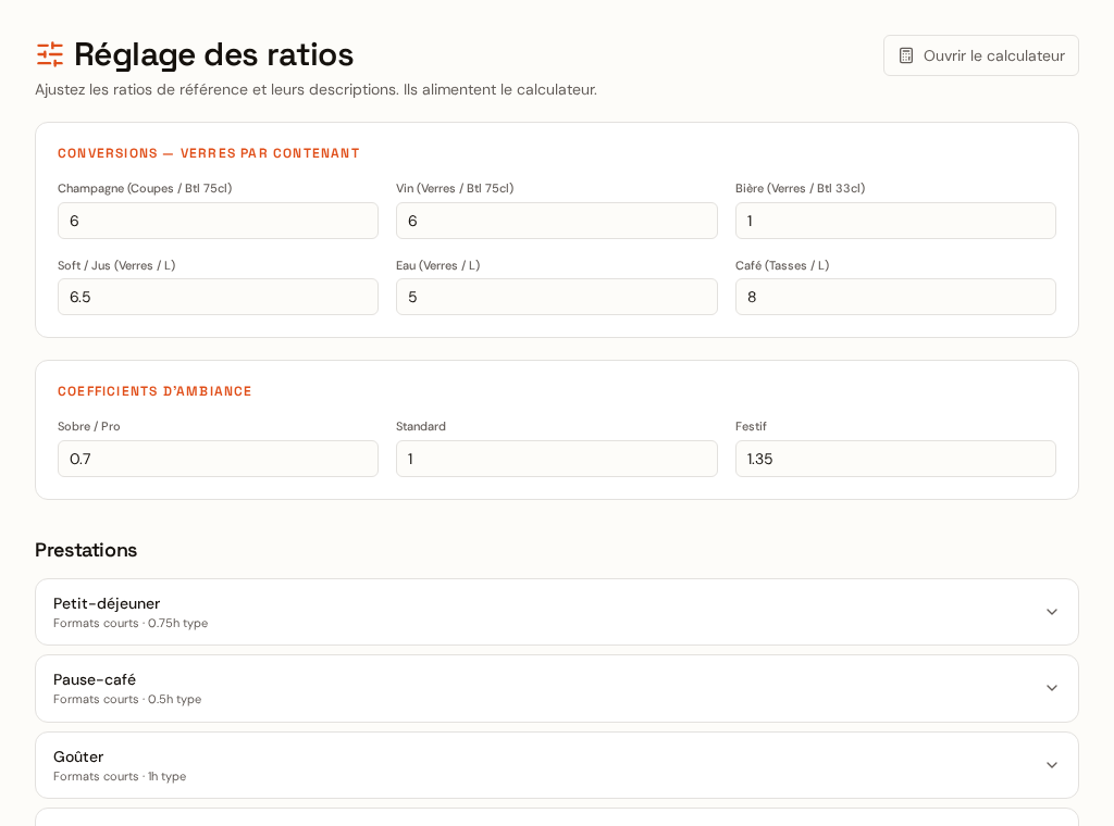 Écran de réglage des ratios par prestation